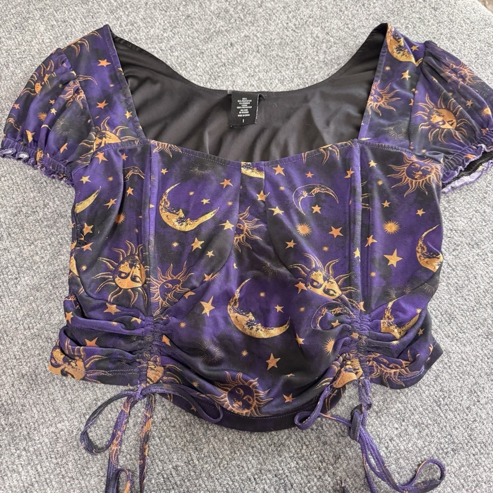 COSMIC AURA Womens Crop Top Size 1X Purple Yellow Celestial Sun Moon Whimsigoth